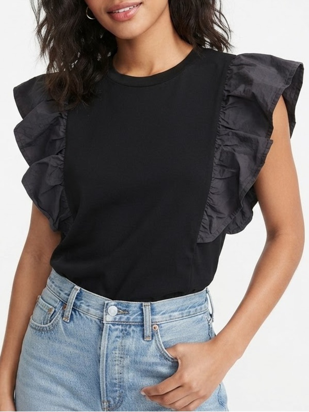 Dèluc Black Cotton Ruffle Shoulder Top Size M